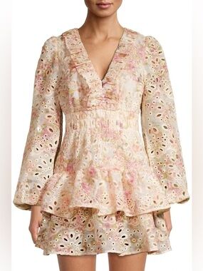 Line & Dot - NWT Meadow Mini Dress in Pink Eyelet Ruffle Peplum Pastel Floral